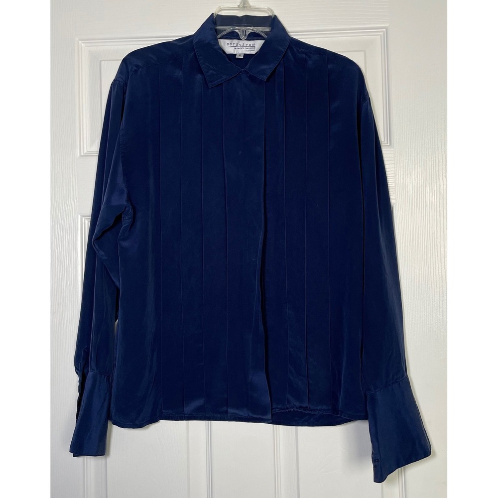 Nordstrom Silk Blouse Womens 8 Navy Blue Pleated Front Long Sleeve Button Up‎